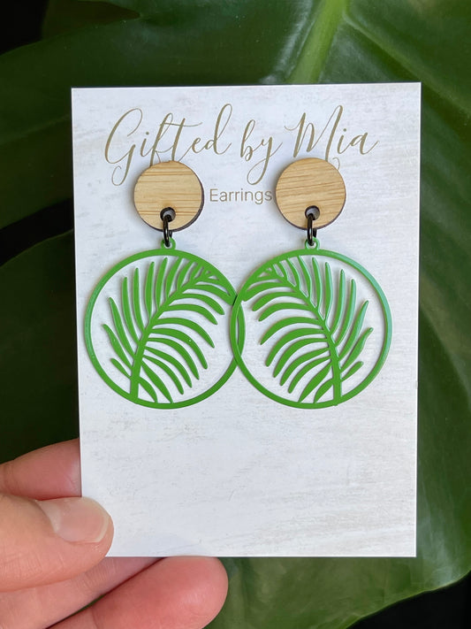 Green Round Filigree Fern Leaf Statement Earrings