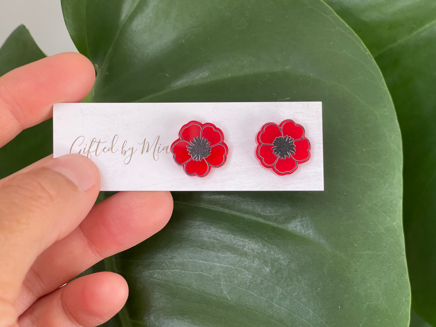 red acrylic poppy flower stud earrings