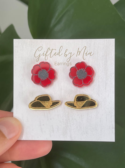 ANZAC Soldier Hat Stud Earrings | Poppy Flower Stud Earrings