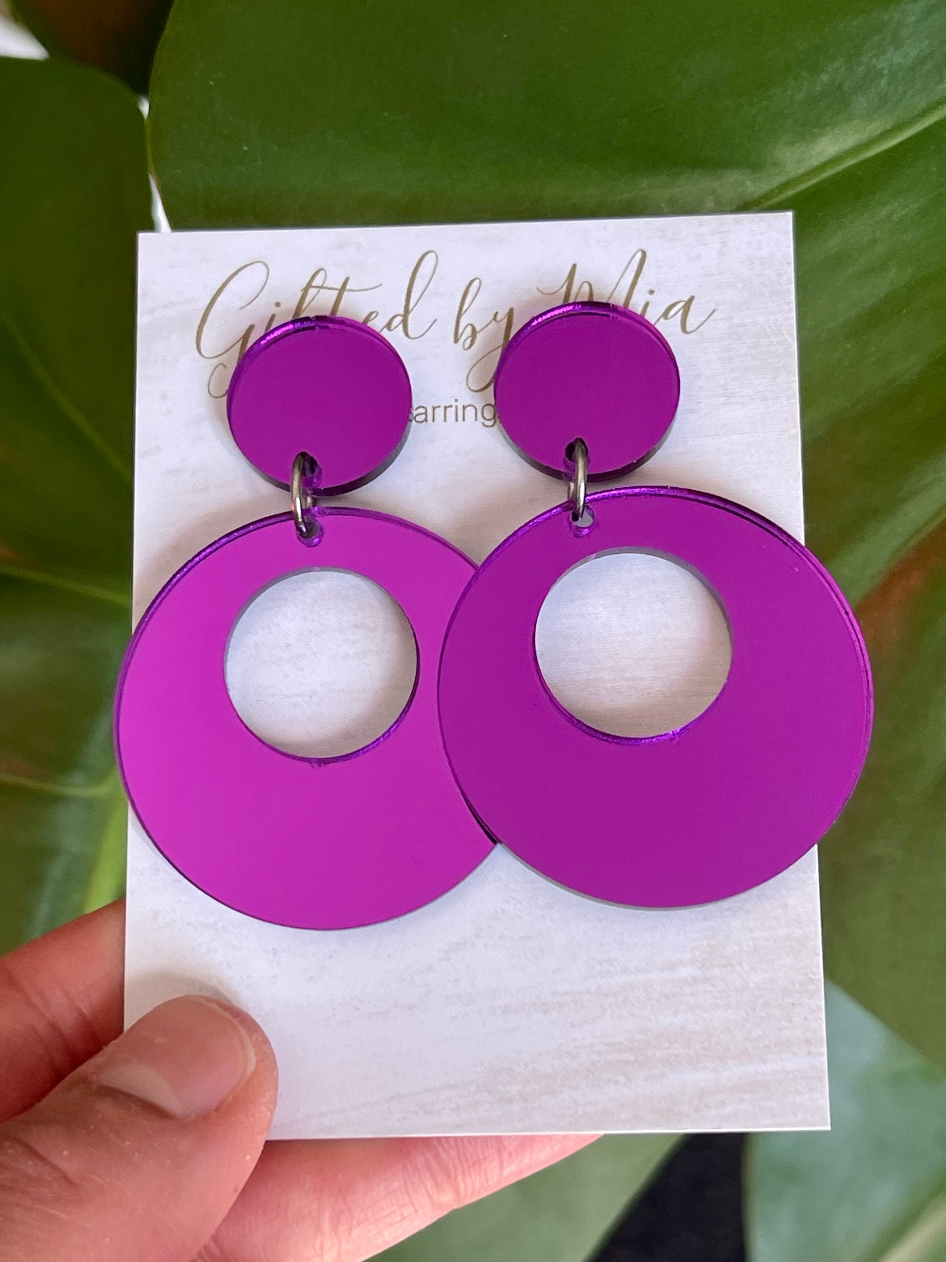 purple acrylic mirror statement earrings