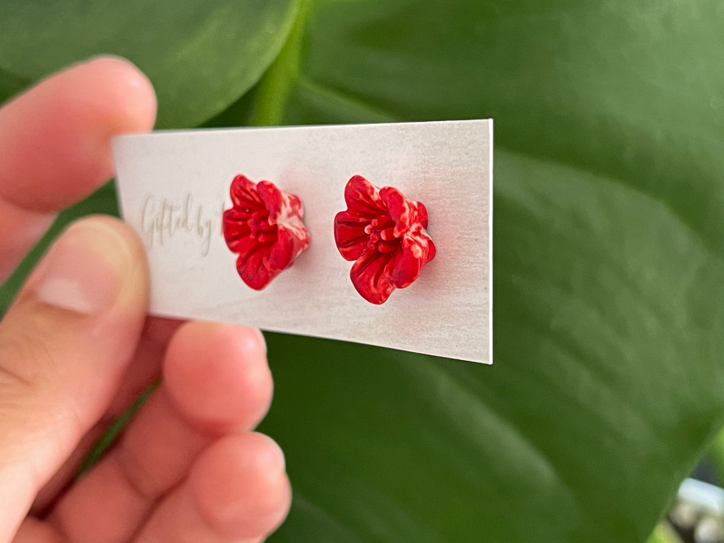 Red flower stud earrings