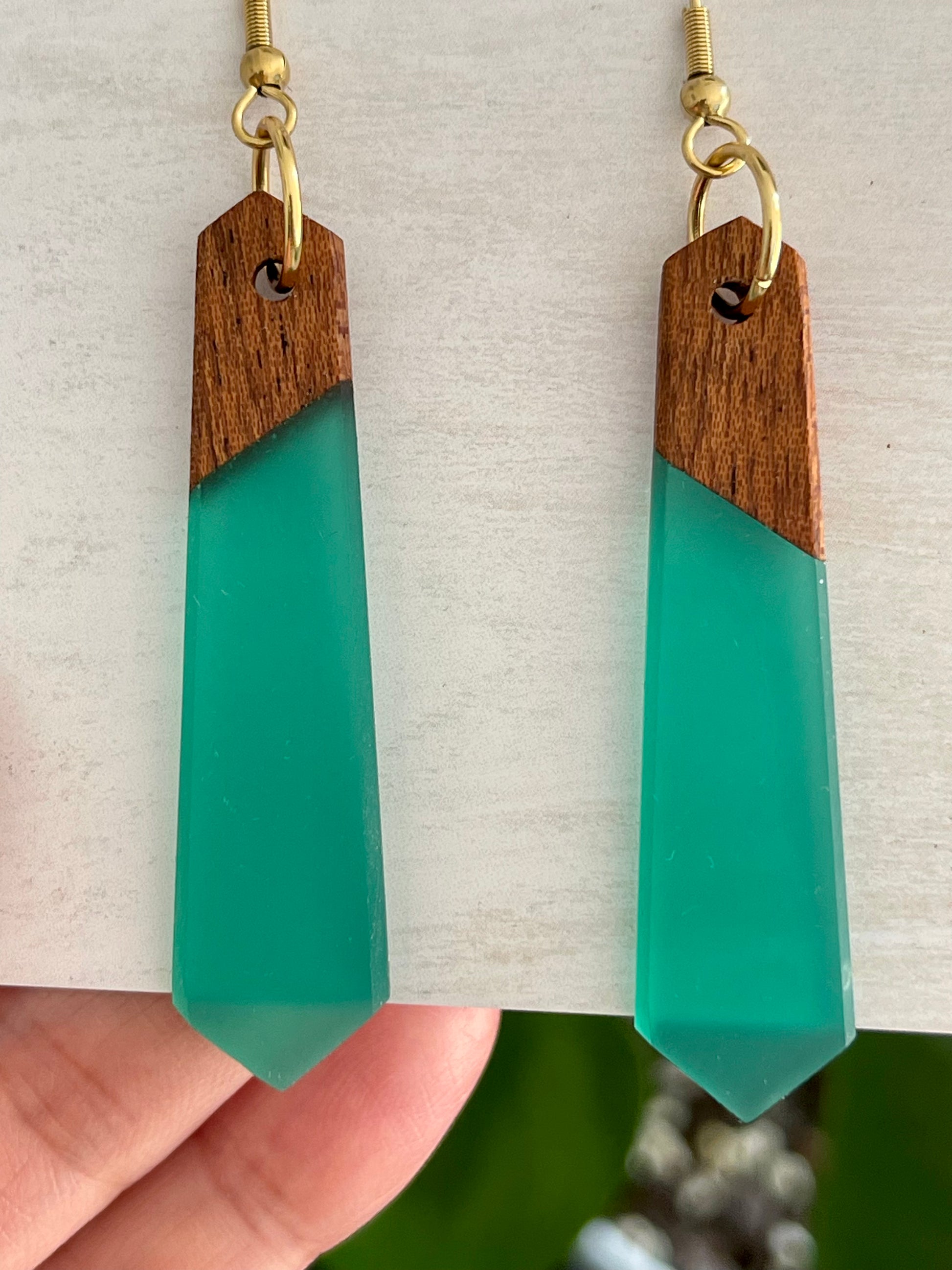 green resin wood earrings