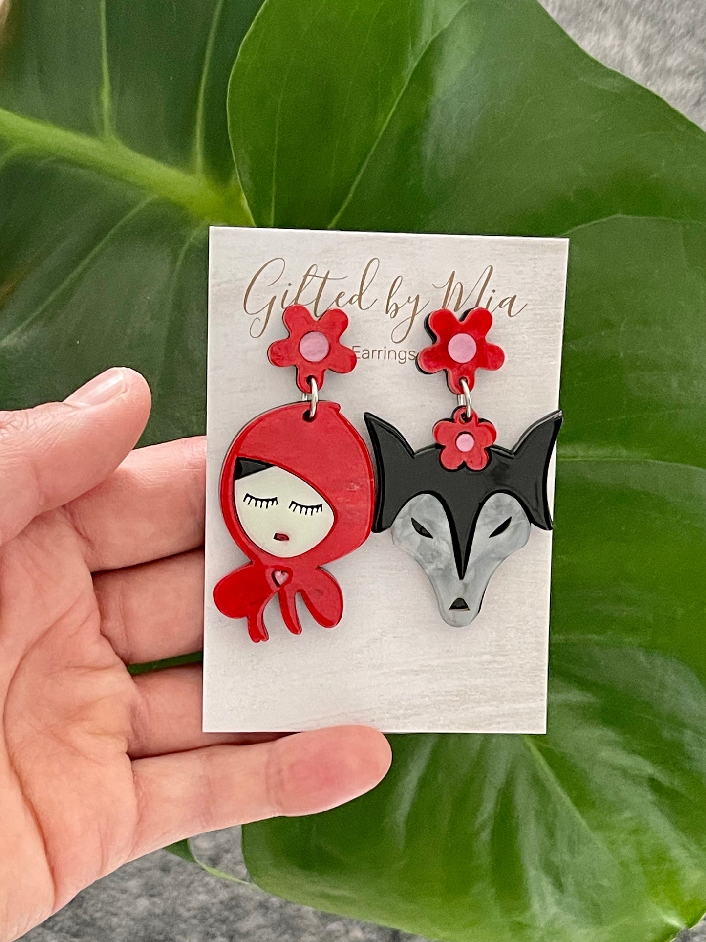 Acrylic Mismatched Red Riding Hood Novelty Earrings