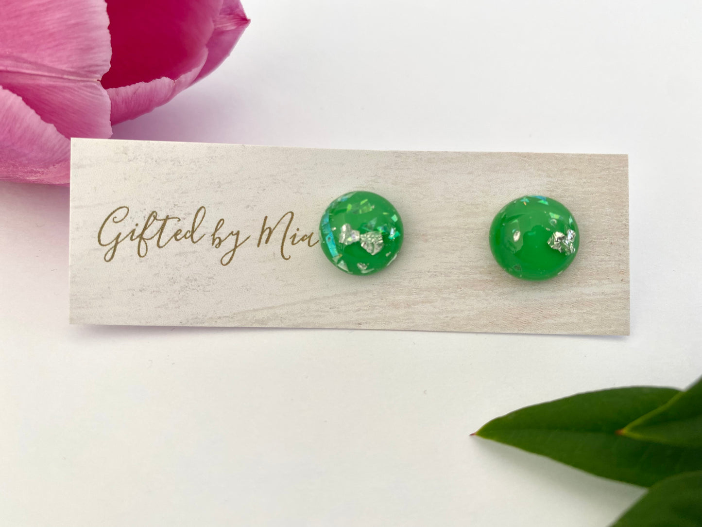 green silver foil statement stud earrings