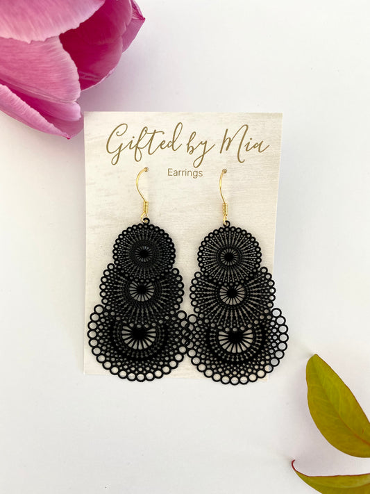 black mandala filigree statement earrings