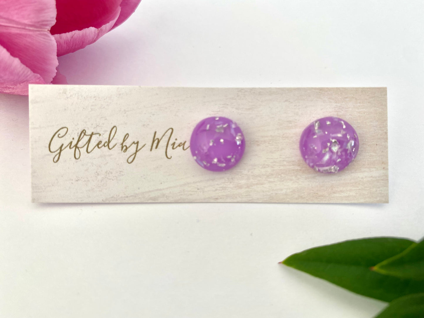 purple silver foil statement stud earrings